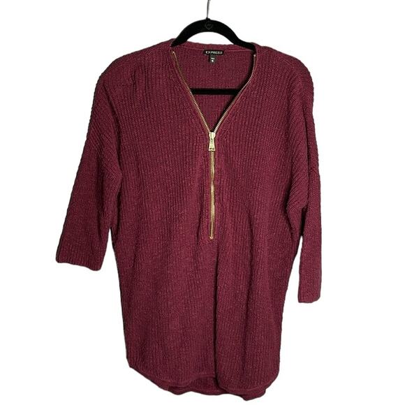 Express Maroon Knit Sweater With Gold Zippered Front Size Medium - Picture 1 of 7